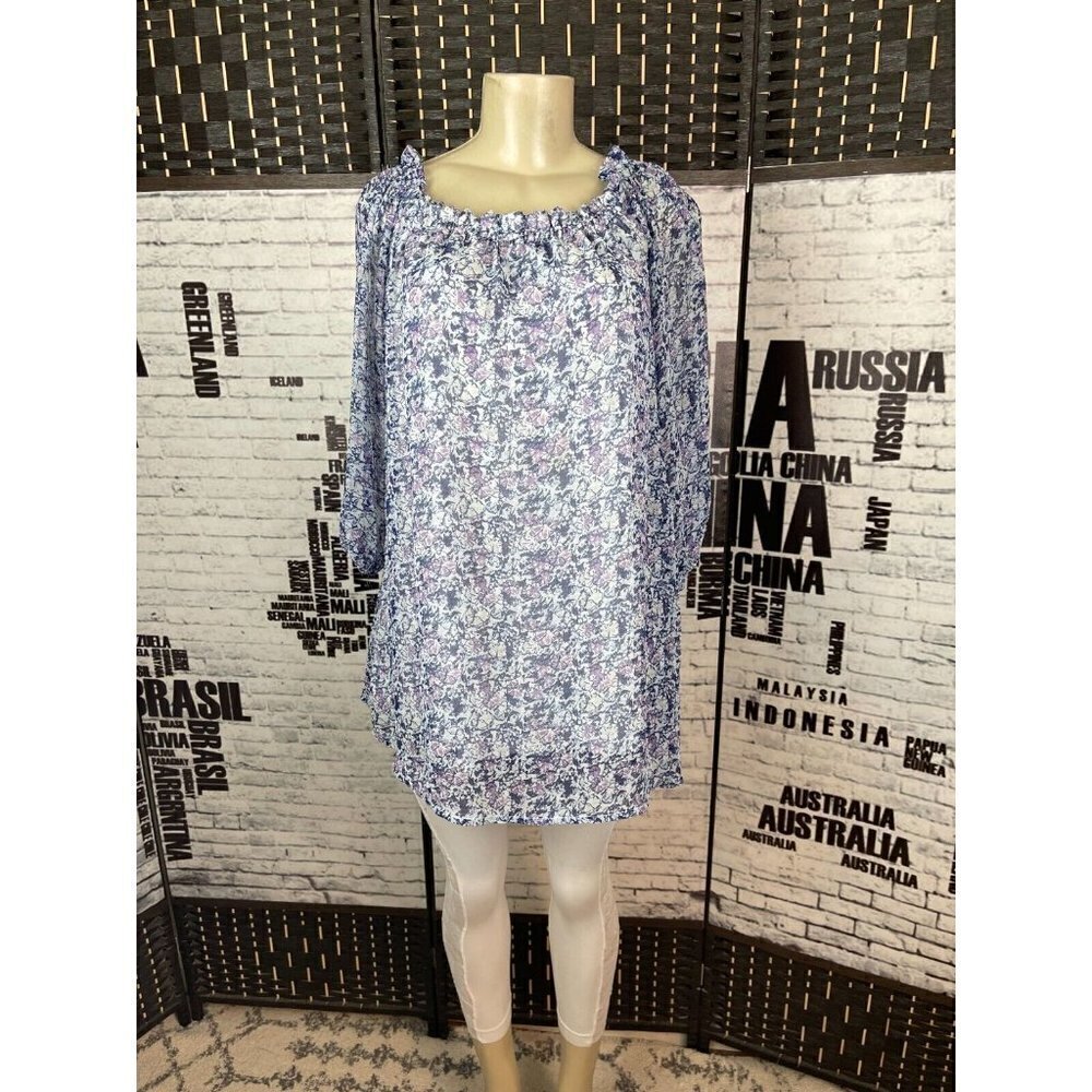 Cotton-On L Blue/Purple Lined Off-On Shoulder 3/4 Sheer Sleeve Top